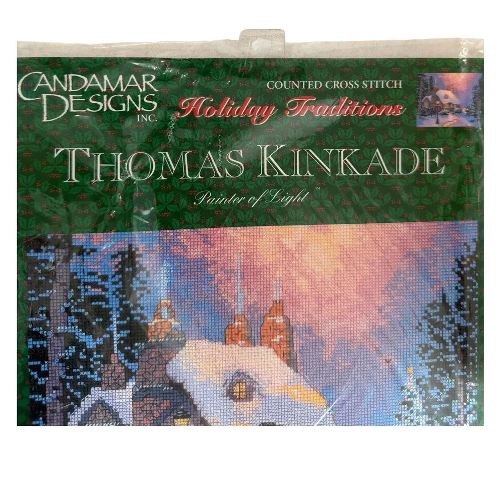 New VTG Thomas Kinkade Cross Stitch Kit 10x8 Stonehearth Hutch Snowy Scene